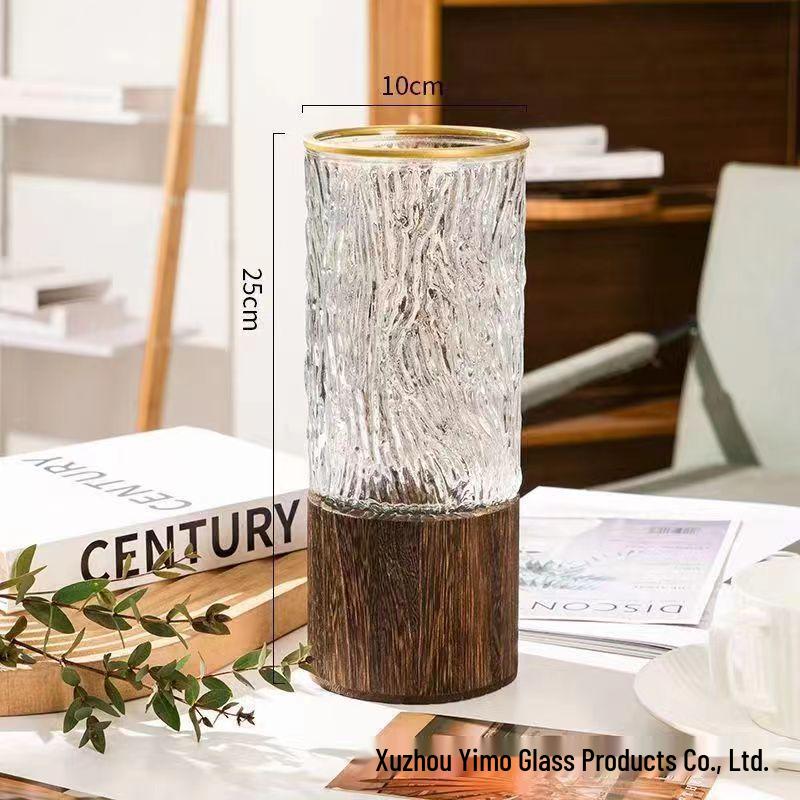 Nordic Light Luxury Crystal White Glass Vase with Wooden Holder for Fresh Flowers - Living Room Decor