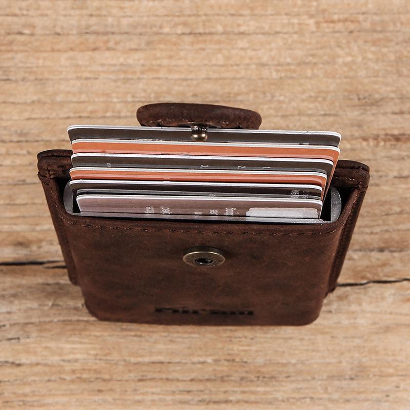 Crazy Horse Leather Anti-Theft Card Holder with Automatic Aluminum Alloy Slot and Zippered Coin Purse
