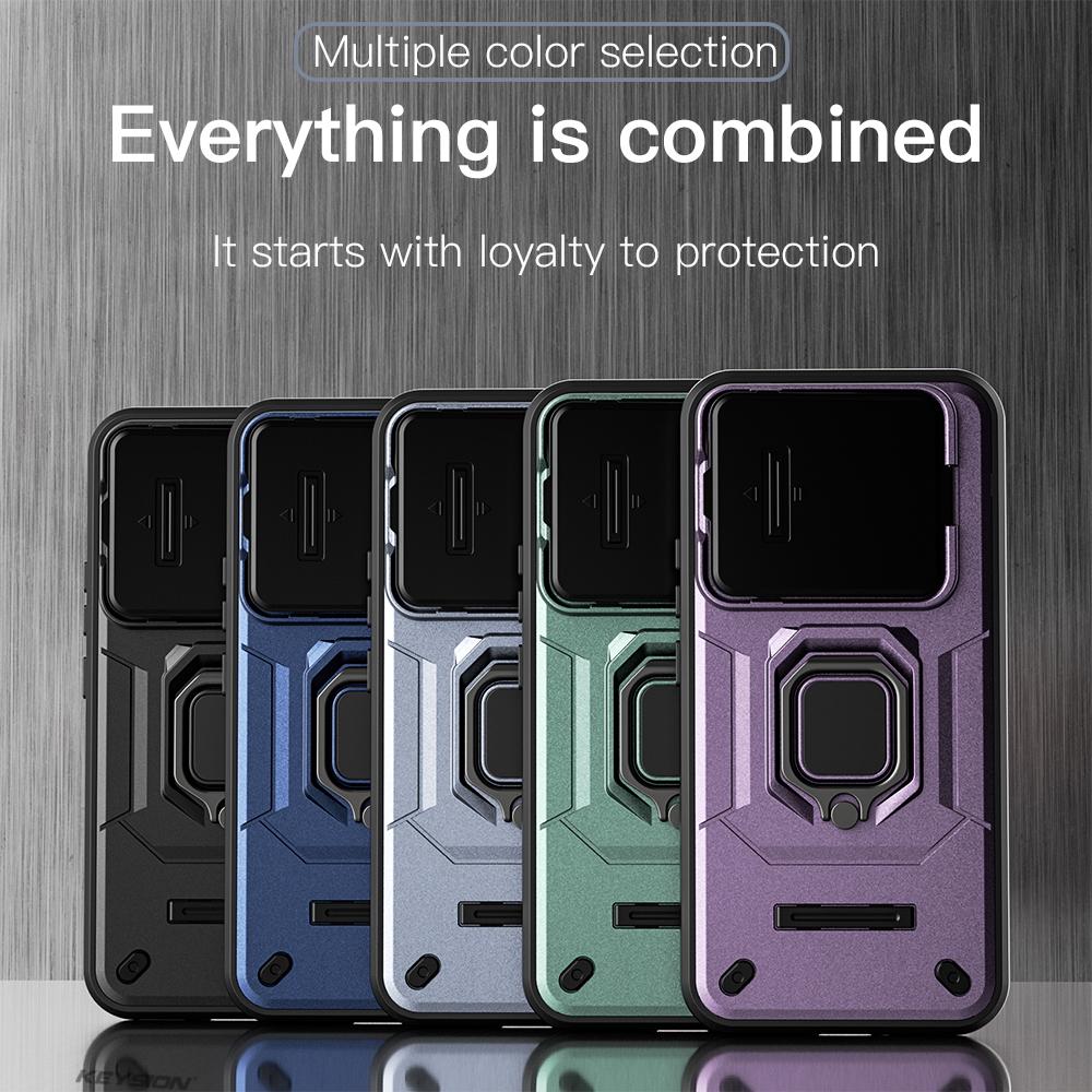 KEYSION Shockproof Armor Case for Xiaomi 15T Pro 5G Slide Camera Protection Metal Ring Stand Phone Back Cover for Xiaomi 15T 5G