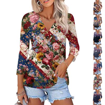 Women's Fashion Casual Print Button-down Shirt 3/4 Sleeve Tops