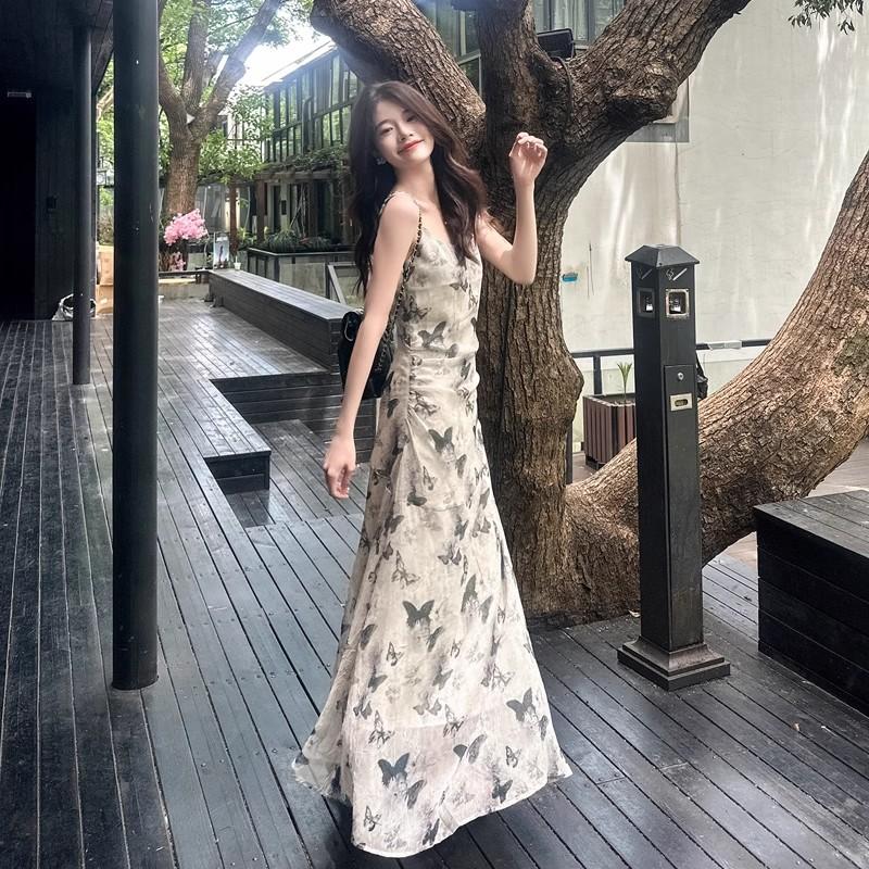 Cold Ink Butterfly Floral Suspender Dress Women's 2026 Summer New French Chic Slim Temperament Dress