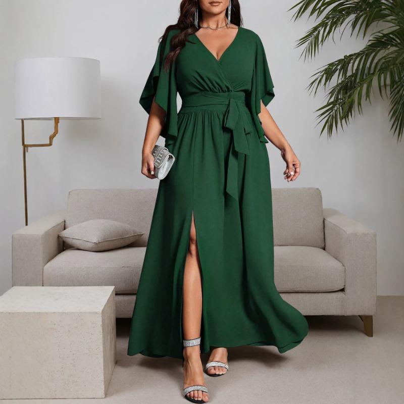 Plus Size Women Cross V Neck Frill Short Sleeve High Waist Long Banquet Evening Dress