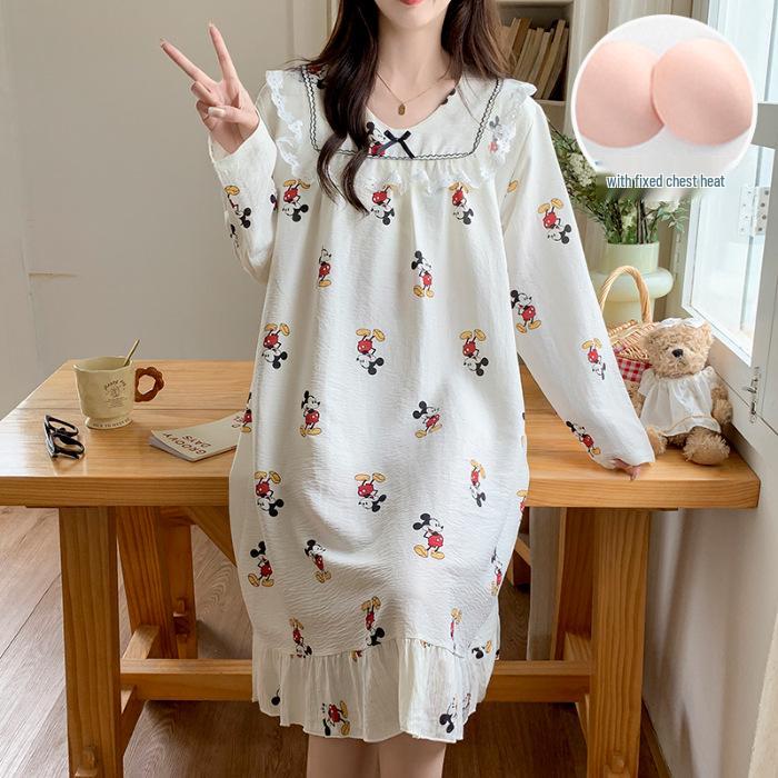 Spring & Autumn Lace Long Sleeve Cotton Nightgown with Fixed Chest Pad