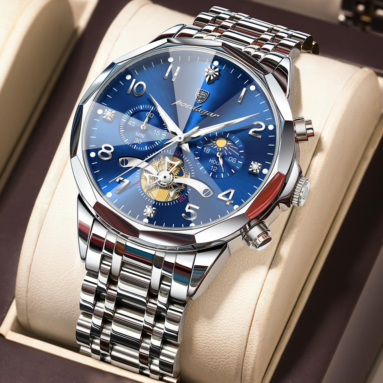 POEDAGAR National Top Swiss Brand Multifunctional New Men s Watch Waterproof Fashion Quartz Watch P939Silver case, blue dia