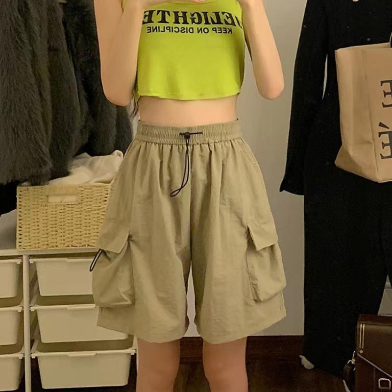 American Retro High Waisted Drawstring Quick Drying Work Pants for Women In Summer Thin Fit for Outerwear Sporty and Loose Wide Leg Shorts