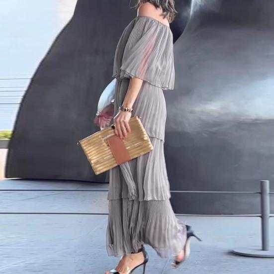 Women Dress Off Color Chiffon Ruffle Scattered Cake Hem Shoulder Multi-layer Pleated Solid Half Sleeves