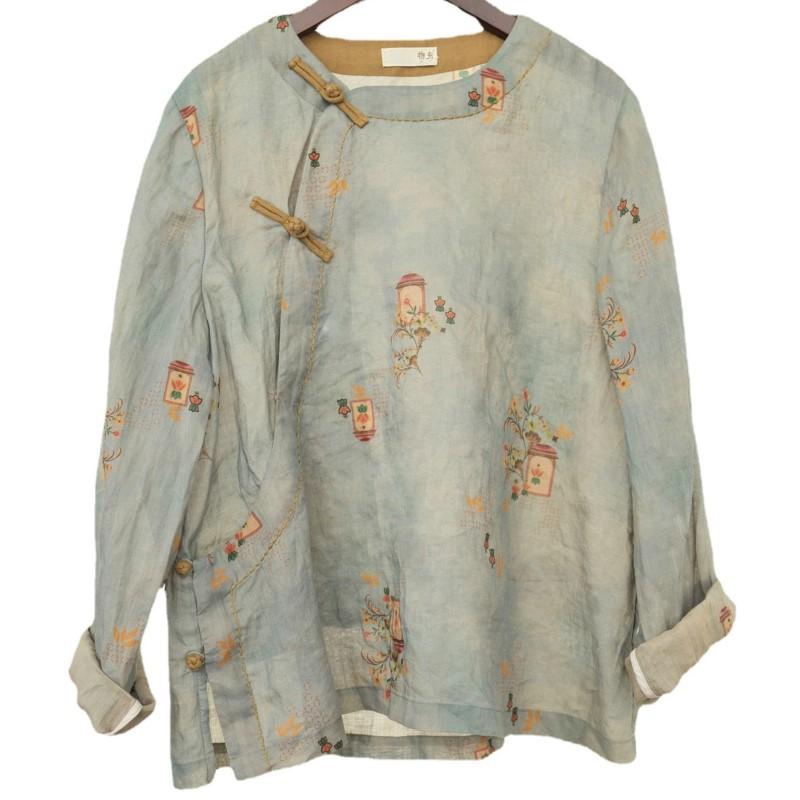 Johnature Dámské vintage potisk květinové košile Topy s devíti rukávy Ramie jarní halenky na knoflíky dámské košile