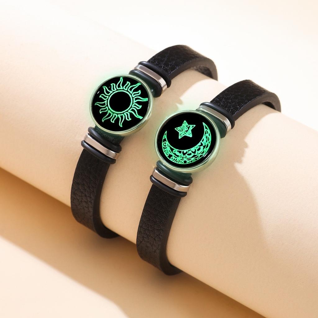 Glow In Dark Couple Bracelets Star Moon Sun Pattern Luminous Glass Beaded Bangle For Women Men Valentines Jewelry