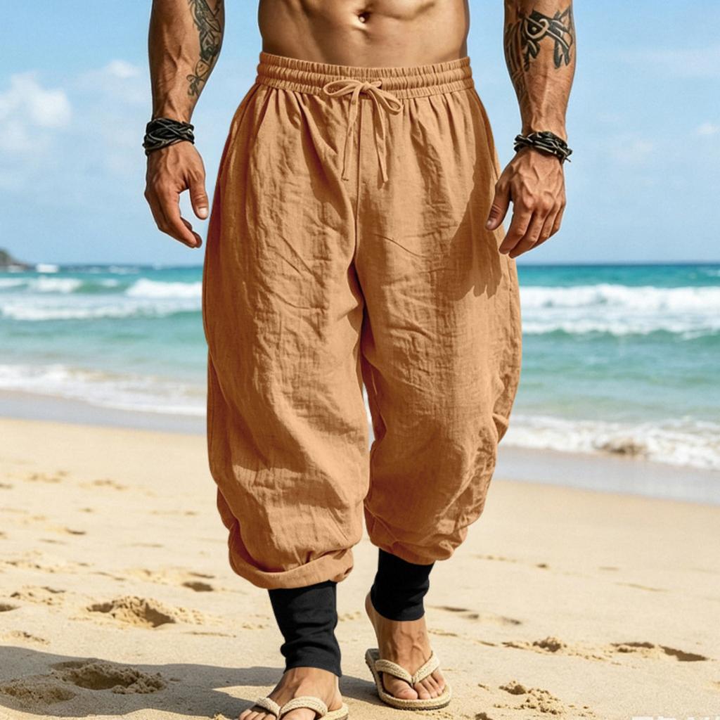 Men Linen Jogger Pants Loose Fit Drawstring Waist Breathable Tapered Leg Cuffed Hem Casual Beach Holiday Trousers