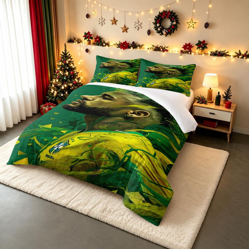 Duvet Cover Set Neymar Brazil Green Yellow Abstract Art 3 Piece Bedding for Adult Fan Gift