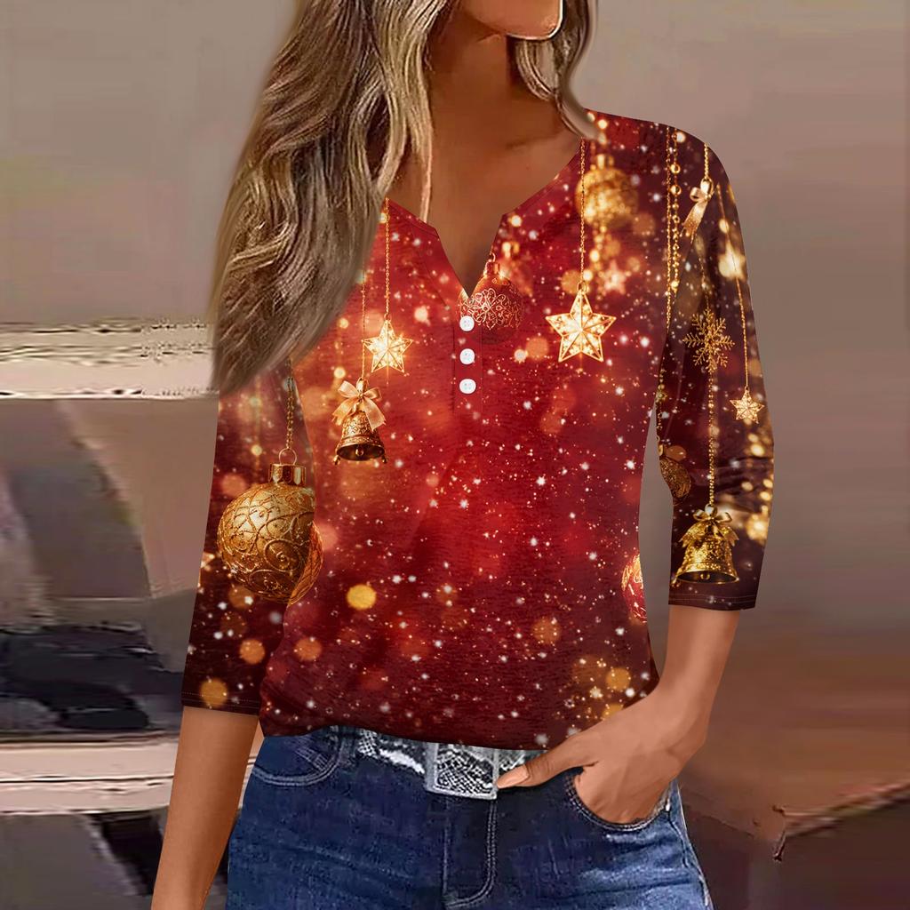Women's Stylish Casual Christmas Print V-Neck Button Three-Quarter Sleeve T-Shirt