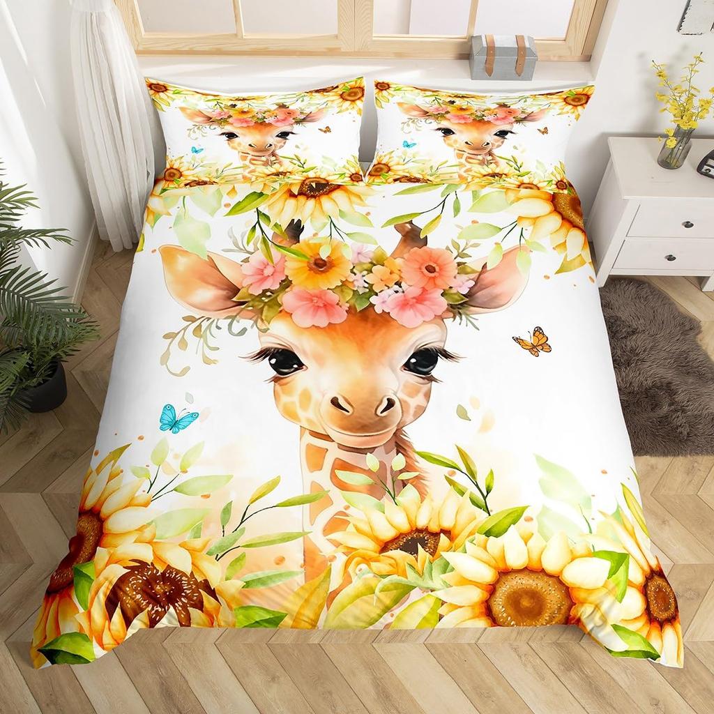 Cute Giraffe Animal Cartoon 3D Printed Bedding Set Cozy Duvet Cover King Queen Twin Size Birthday Gift Adult Kid Room Decoration
