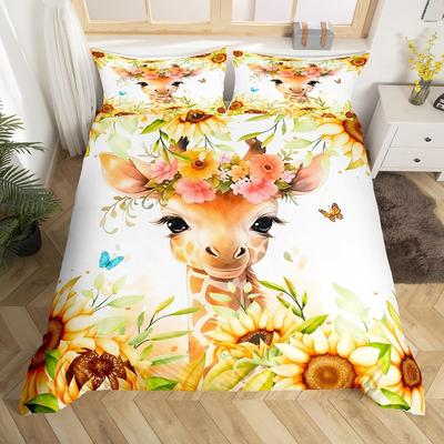 Cute Giraffe Duvet Cover Set Kids Cartoon Animal Comforter Cover Set Boys Girls Bedroom Decor Floral Single Queen Bedding Set