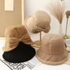 Women S Plush Bucket Hat Bow Back Opening Thick Casual Autumn Winter Small Face Fit Hat
