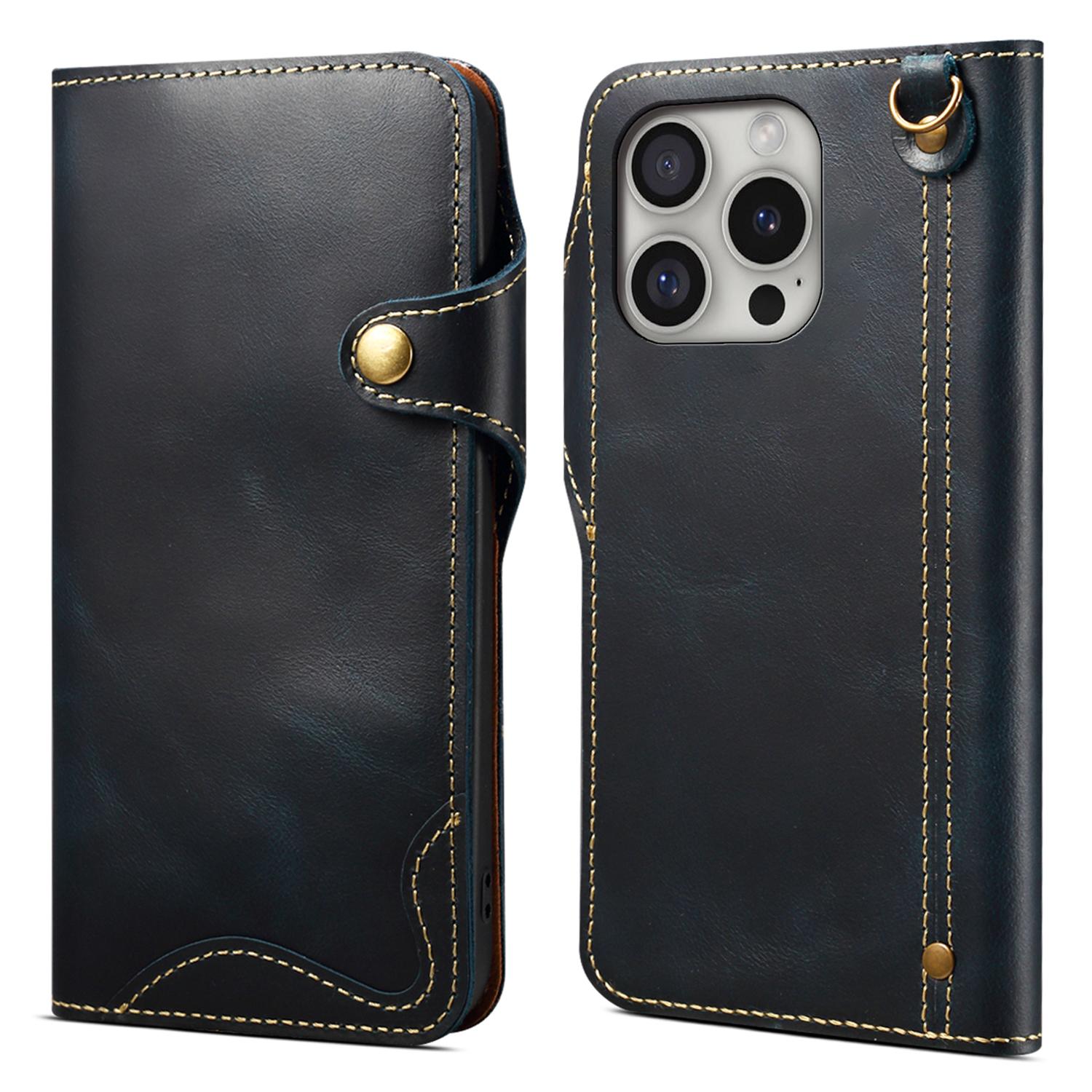 

Чехол для iPhone 16 Pro Max из вощеной натуральной коровьей кожи, кошелек для телефона, противоударная крышка Blue