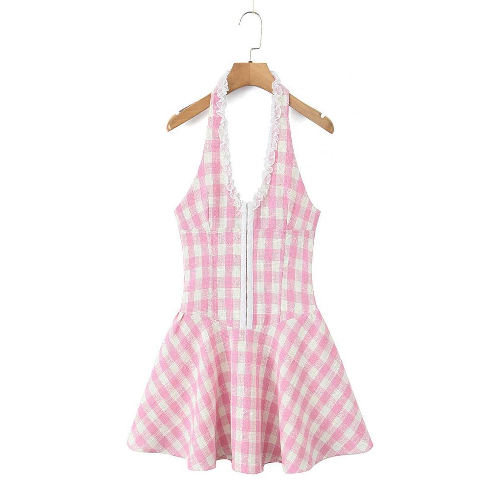 Plaid Sexy Deep V-neck Halter Backless Bodycon Mini Summer Dress