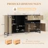Modern minimalist storage cabinet with double doors, open shelf, glass shelves and interior partitions for living room, dining room and office.