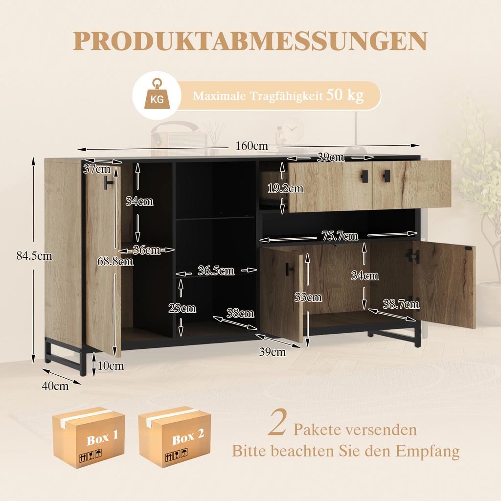 Modern minimalist storage cabinet with double doors, open shelf, glass shelves and interior partitions for living room, dining room and office.