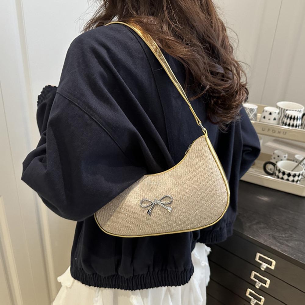 Shiny Underarm Tote Bag Solid Color Women Handbag Simple Bowknot Shoulder Bag Girls