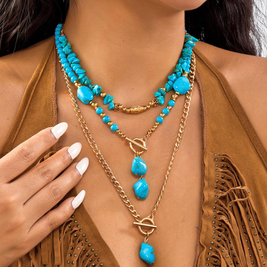 Bohemian Turquoise Geometric Pendant Necklace With Gold Chain For Women Summer 2025