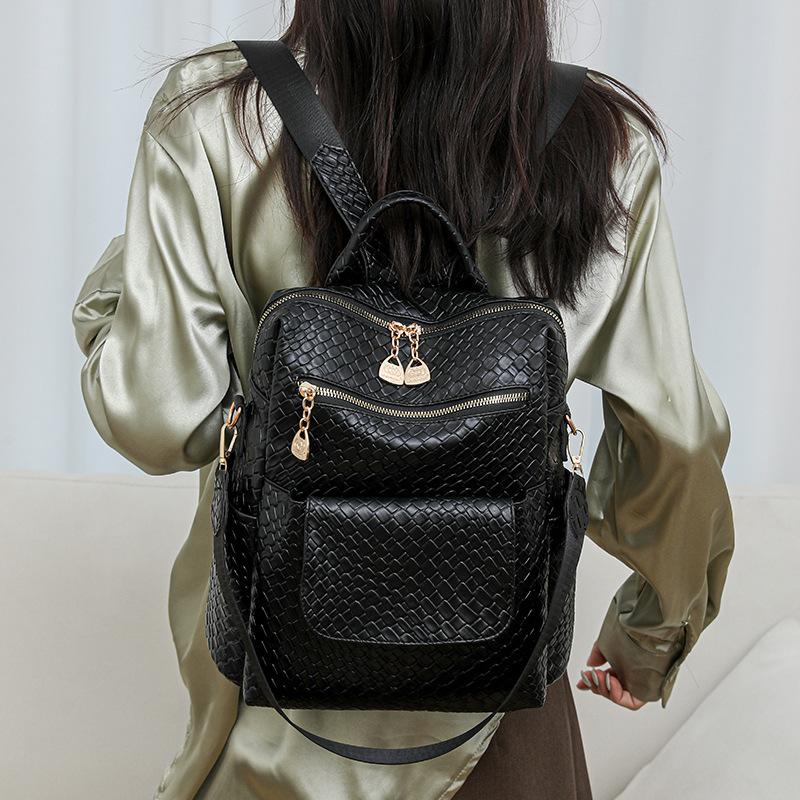 Woven double back new fashion PU women's backpack large capacity outdoor travel bag trendy casual backpack