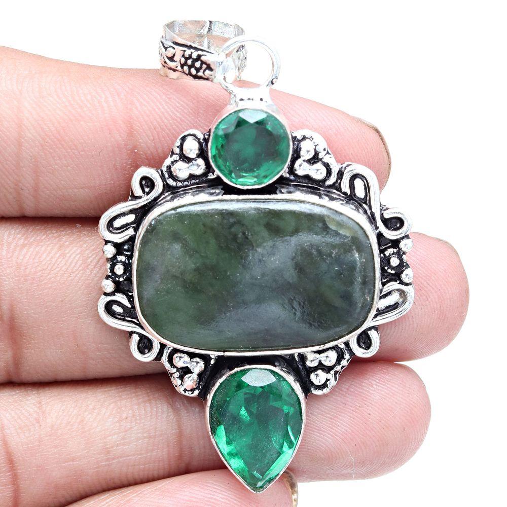 Pendant Shiney Labradorite Peridot Quartz Gemstone Silver Jewelry 2.5"