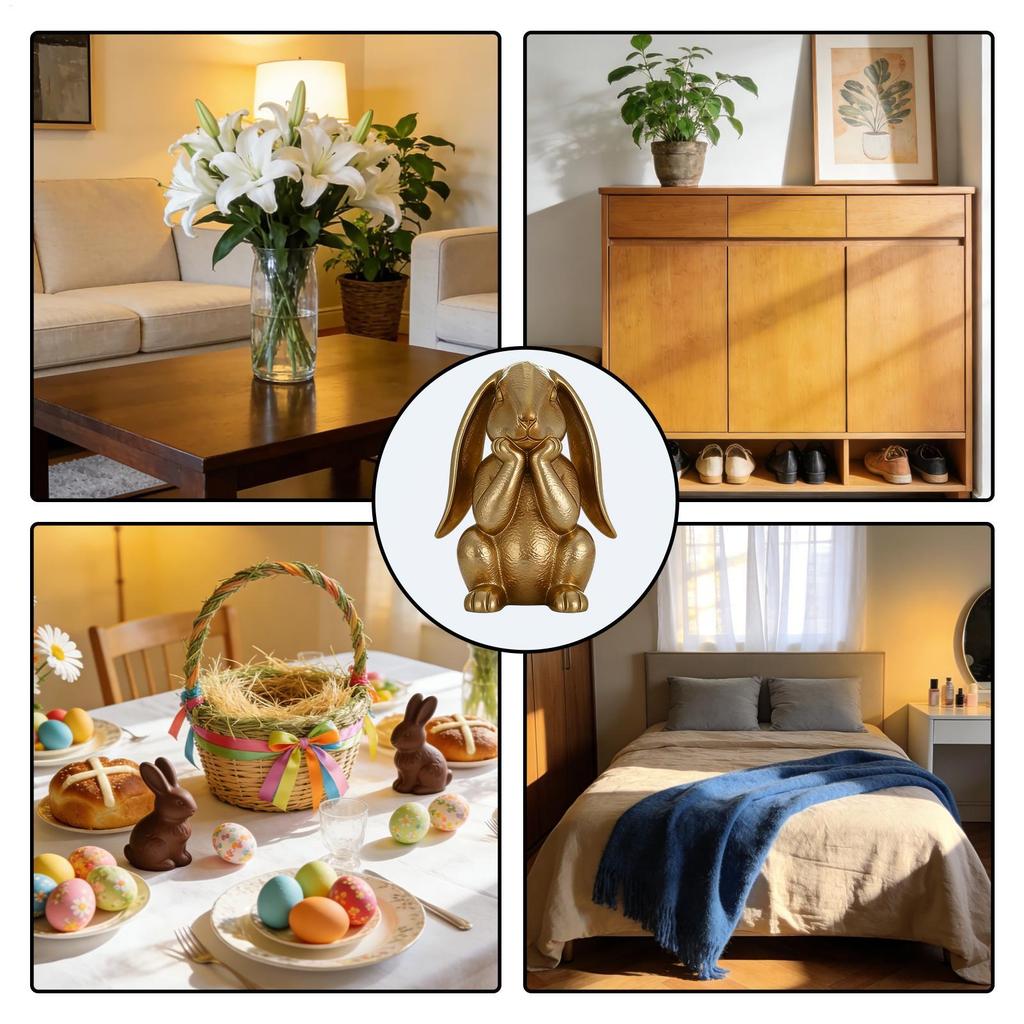 Gold Easter Bunny Figurine Thinking Rabbit Statue Spring Home Accents Resin Sculpture for Tabletop Shelf Farmhouse Office Decor