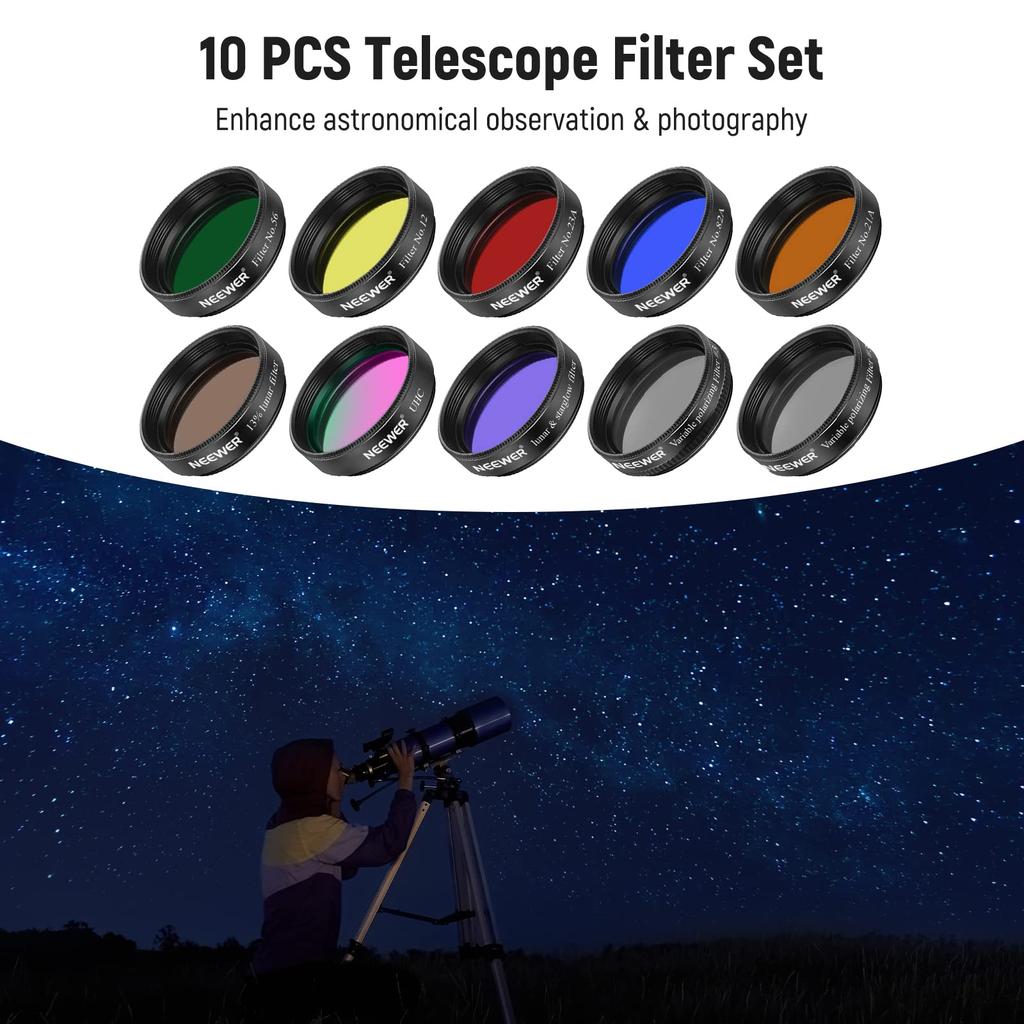 NEEWER Inch Telescope Eyepiece Filter Set 5 Planet Color Filters 2 Variable Polarization Filters UHC Filter Moon Starlight Filter Moon Filter Suitable