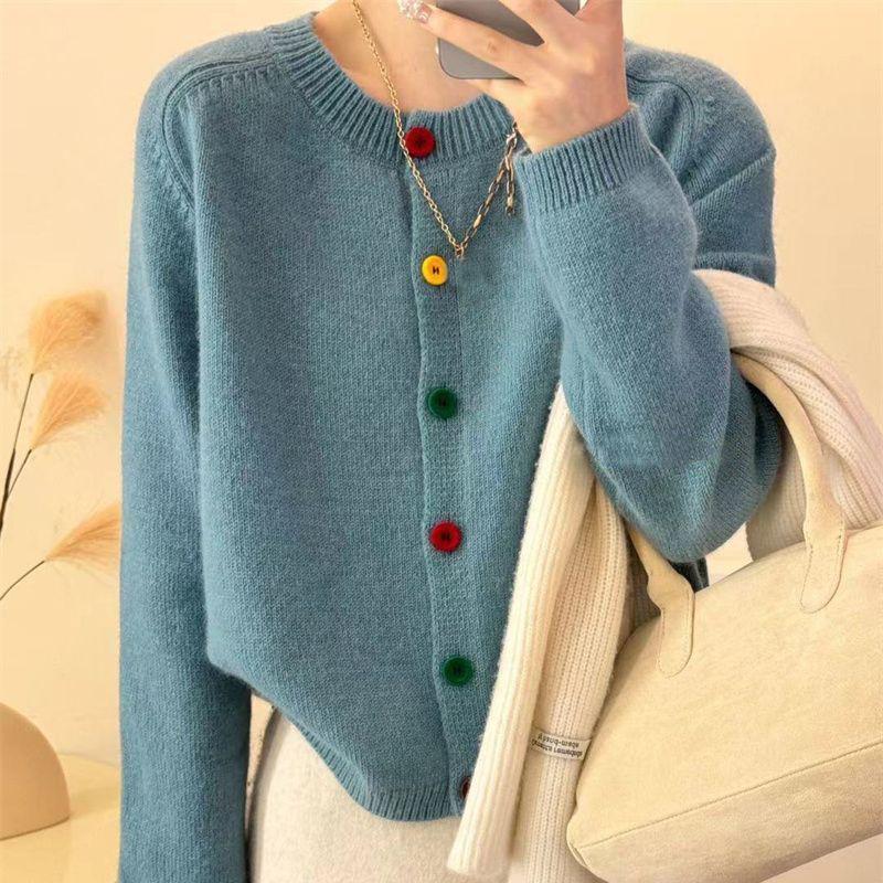 Japanese Sweet and Fresh Round Neck Colorful Button Knitwear Coat Academy Style Western Versatile Sweater Women's Cardigan