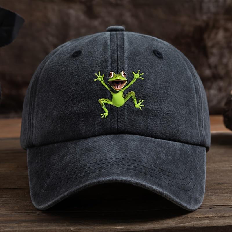 

MenS Vintage Washed Baseball Cap with Cartoon Frog Print Textile Machine Washable Black Casual Outdoor Hat for Hiking One Size