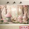 2D Pastel Fairy Mushroom Tapestry, Enchanted Forest Wall Art for Aesthetic Girls Bedroom