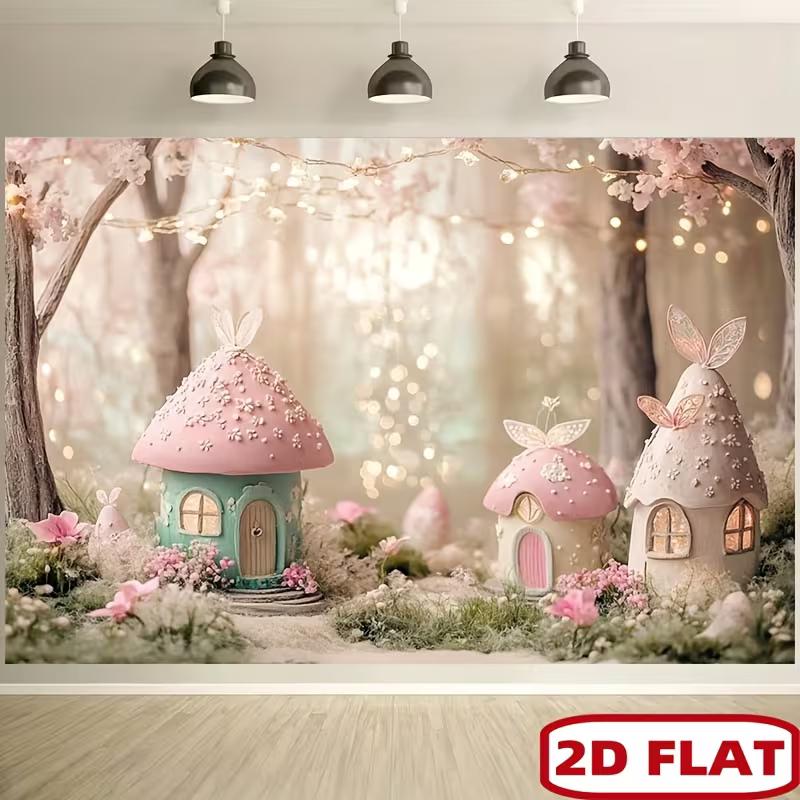 2D Pastel Fairy Mushroom Tapestry, Enchanted Forest Wall Art for Aesthetic Girls Bedroom