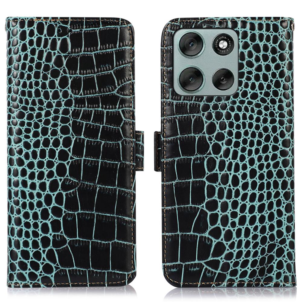 

For Motorola Moto G56 5G Case RFID Blocking Wallet Crocodile Texture Genuine Cow Leather Phone Cover Green