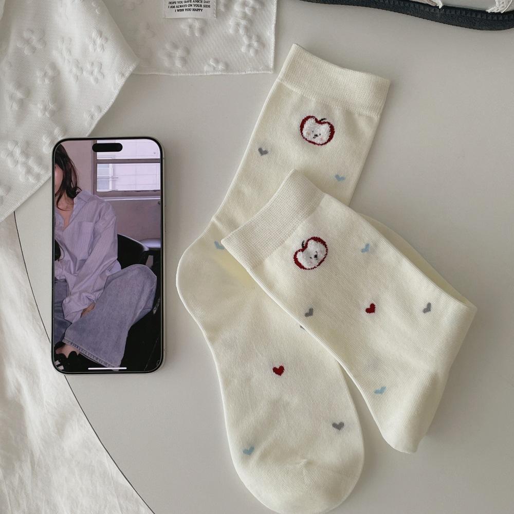 

Cute Socks Cotton Socks White Apple Gray Dog Mid Tube Socks Tide Cartoon College Style Stockings One size fits all