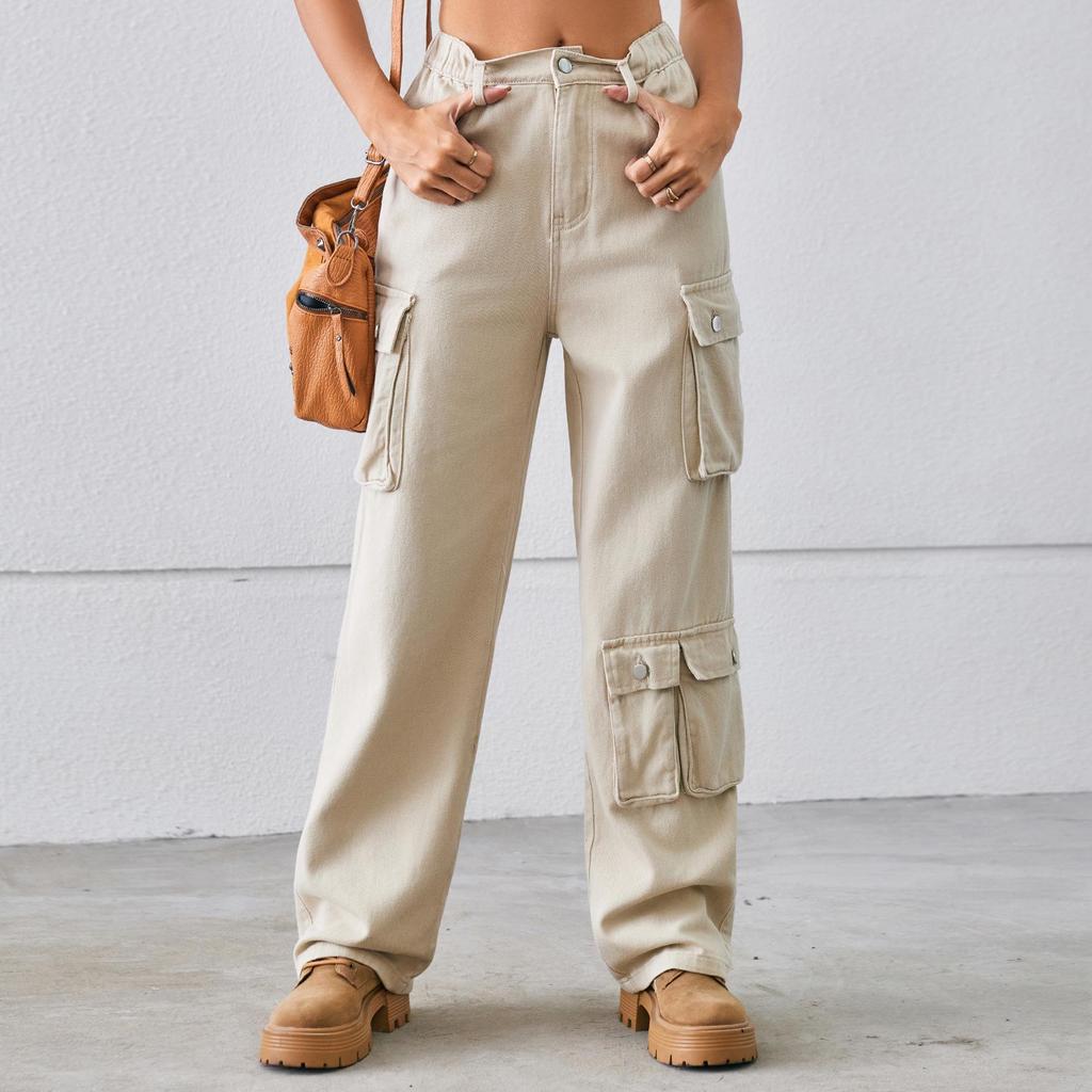 European-American Wash Denim Multi-Pocket Workwear Pants for Women