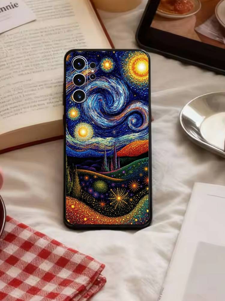 Whimsical landscape Starry Night Phone Case For Samsung S26,S25,S24,S23,S22,S21,S20,Ultra,Plus,FE Black Soft Cover