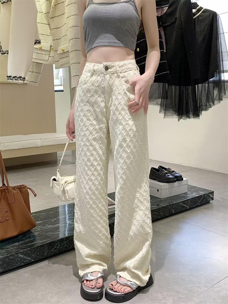 

2024 Женские тонкие жаккардовые абрикосовые джинсы широкого кроя: Приталенный прямой крой для весны, лета и осени S абрикосовый