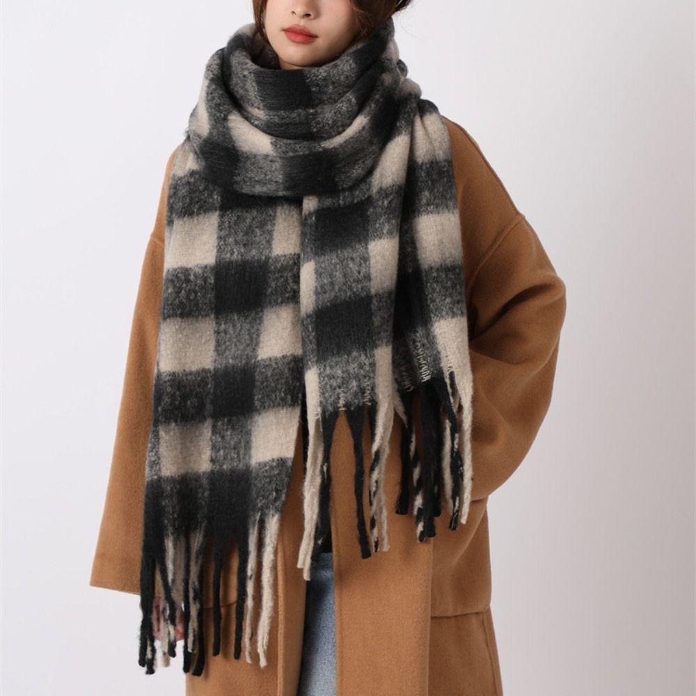 Tassel Plaid Wool Scarf Plush Long Shawl Retro Winter Cashmere Scarves  Autumn Winter