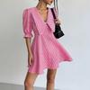 Vintage Women Plaid Mini Bodycon Dress Female Summer Fashion Sweet V-neck Puff Sleeve A-line Casual Loose Office Lady Dresses