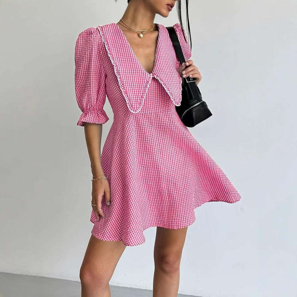Vintage Women Plaid Mini Bodycon Dress Female Summer Fashion Sweet V-neck Puff Sleeve A-line Casual Loose Office Lady Dresses