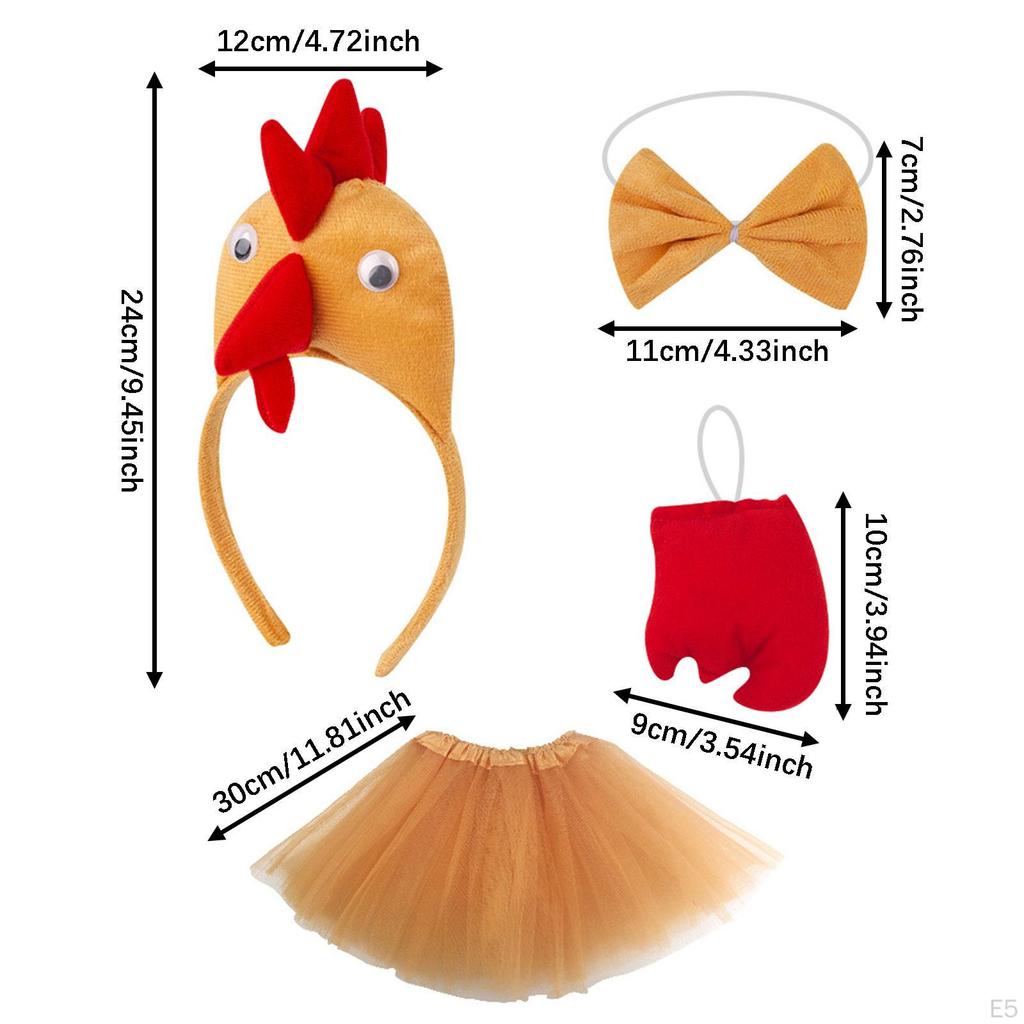 4 Pieces Chicken Animal Costume Set with Bow Tie, Tail, Skirt for Festival