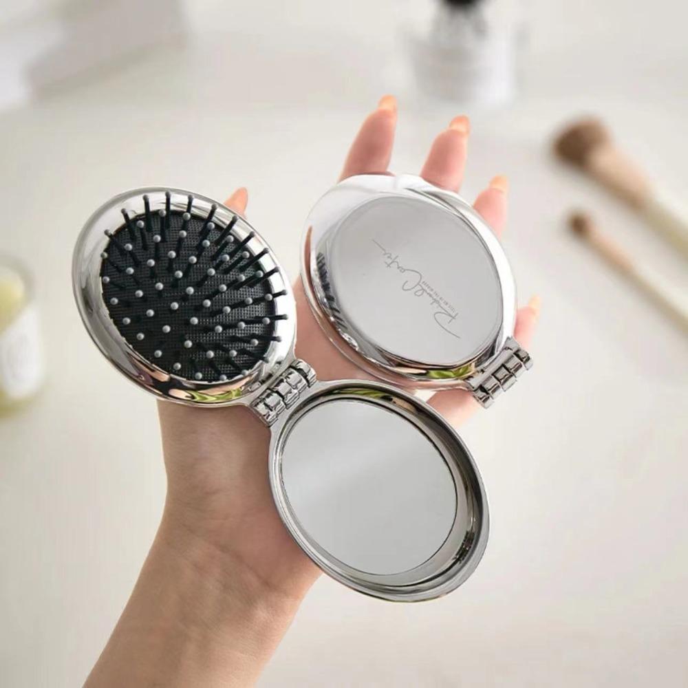 1PC Portable Bow Folding Comb Air Cushion Silver Mini Hair Brush with Mirror Plastic Pocket Comb Travel-Friendly