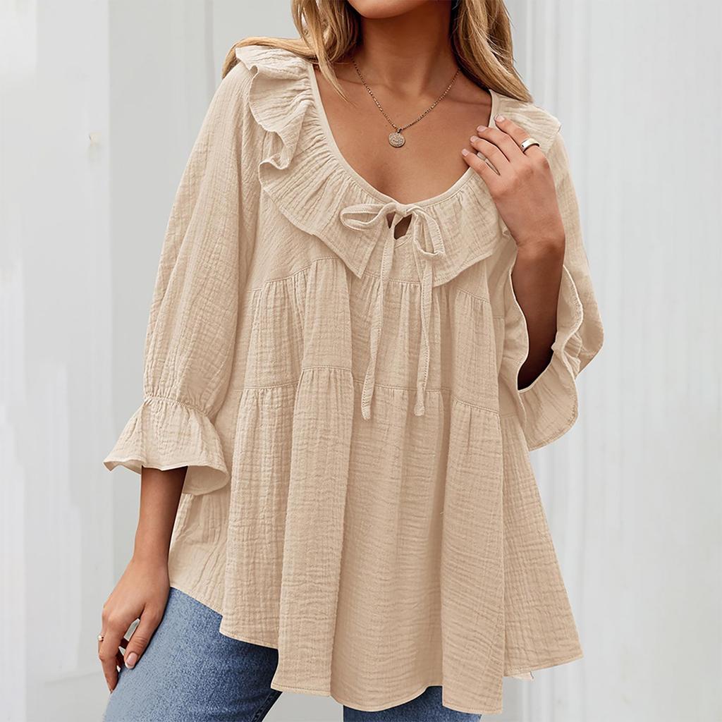 Damska tunika z okrągłym dekoltem, wiązaniem z przodu, plisą, zdobiona, wielowarstwowa, luźna, siedmiopunktowa, z rękawami