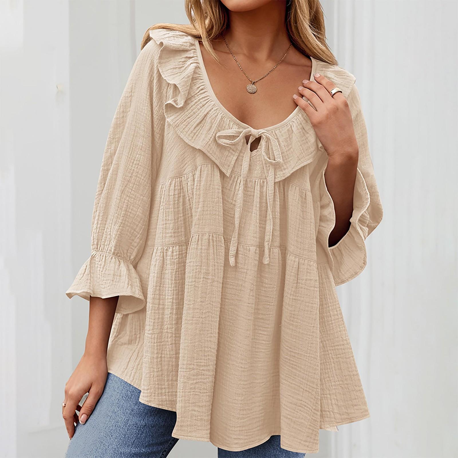 

Женская туника-рубашка с круглым вырезом, завязками спереди, складками, декорированная, многослойная, свободная, с рукавами-семью точками L бежевый