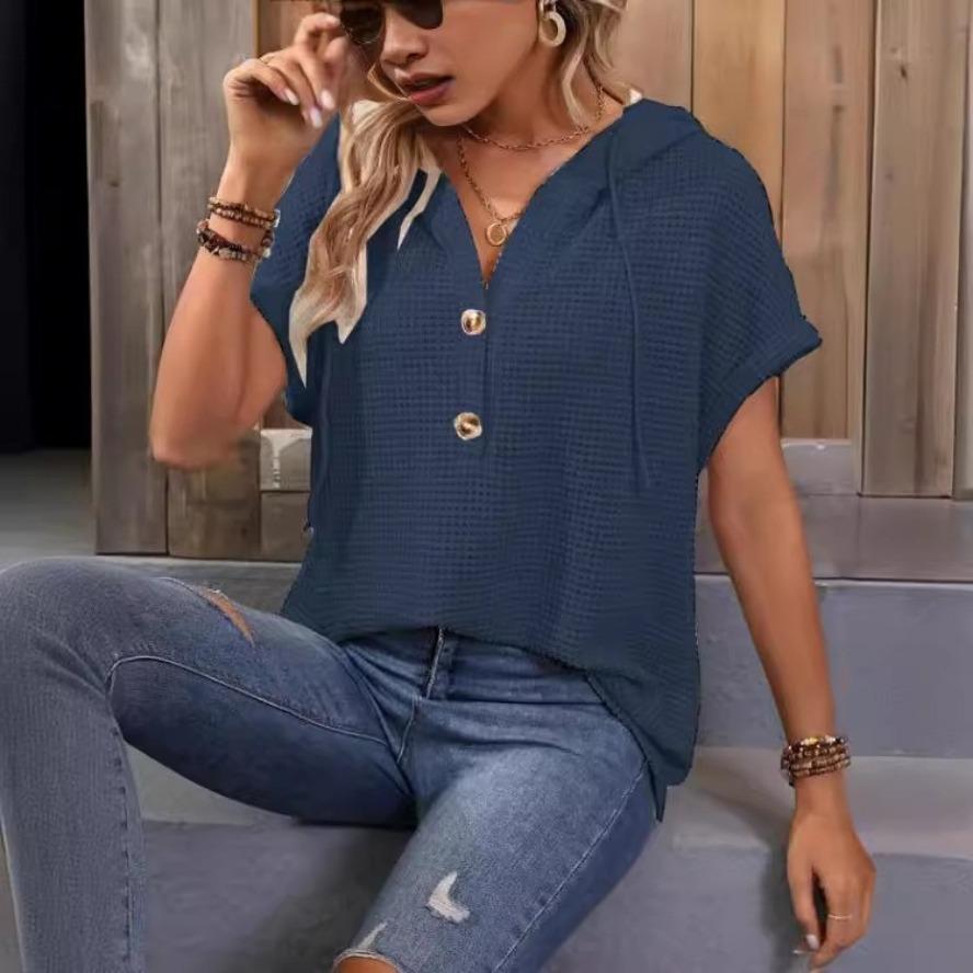 YYFS Women's Fashion Casual Summer Spring Solid Color Print Short Sleeve Hooded Blouses & Shirts