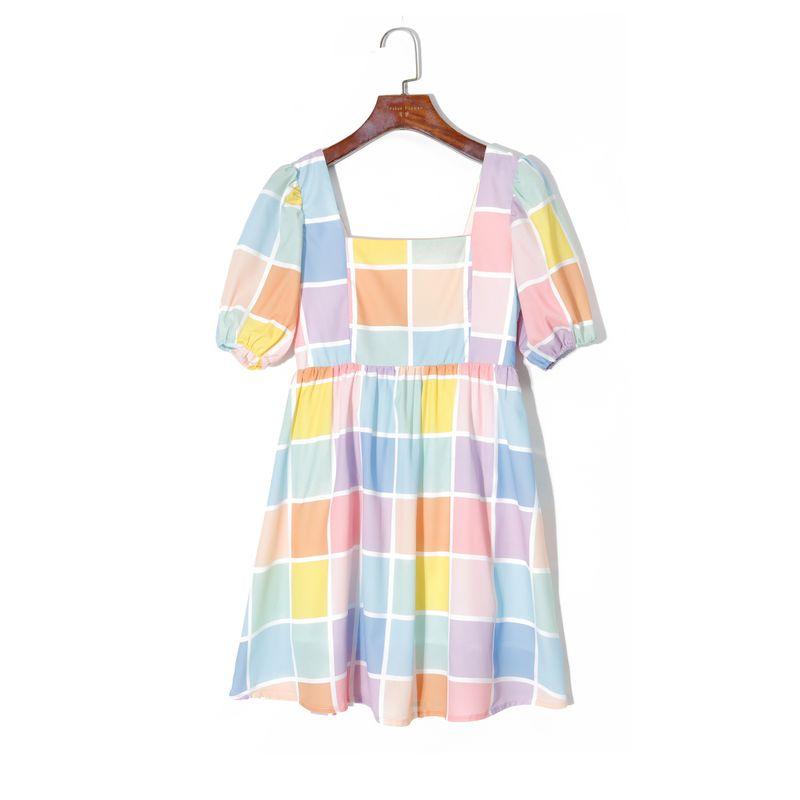 

2025 Summer Women s Clothing Fresh Colored Plaid Sweet Square Collar Pullover Puff Sleeves High Waist Slim Looking Youthful-Looking Dress Rainbow color S