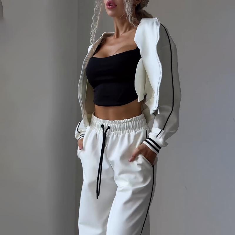 Cross-border women's clothing casual contrasting color short zipper cardigan trousers sports suit fashion jacket sweatpants suit