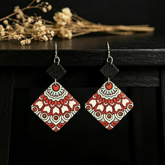 Western Wind Ethnic Wood Geometric Diamond Pattern Double-Sided Earrings