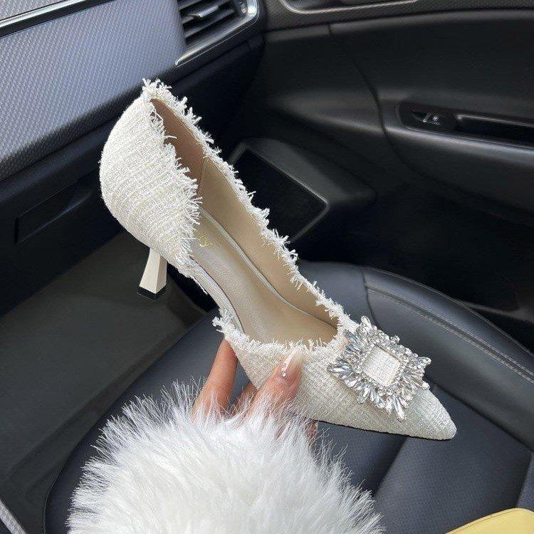 High heels women's niche design French pointed shoes New thin heels small fragrant rhinestone shoes in summer