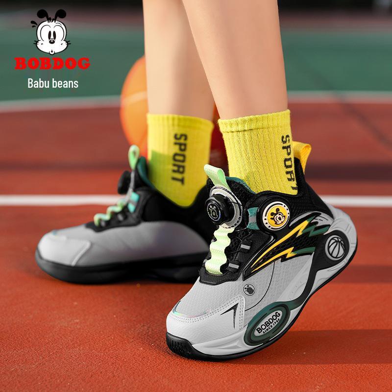 Babudou Boys' Autumn Leather Breathable Sneakers - Mid-Large Child Basketball Shoes with Rotary Button, Ideal for Running.